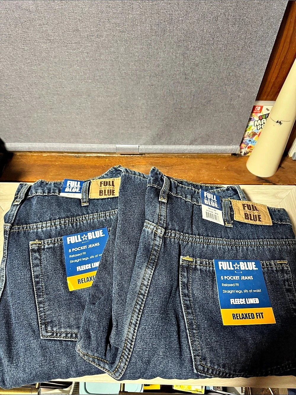 2- pairs Full Blue Men's 5 Pocket Fleece Lined Relaxed Fit Jeans